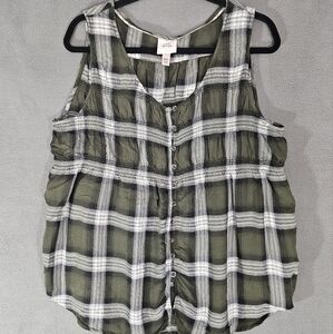 Knox Rose Womens Boho Tank Top Shirt SZ XXL Green Plaid Button Down Cottagecore